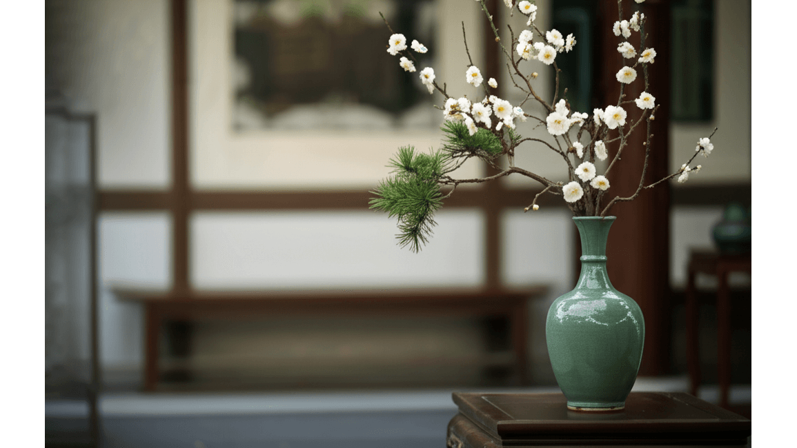 中式插花選材與器皿搭配_梅花_羅漢松盆栽與青瓷膽瓶的價格與花期